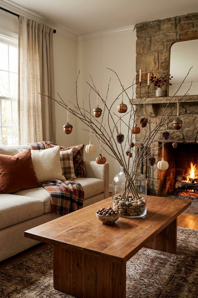 Airy branch tree in a pebble-filled glass vase with hanging pumpkins, pinecones, and acorns beside a stone fireplace.