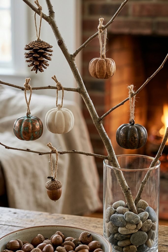 Close view of twine-hung pumpkin ornaments, a pinecone, and an acorn on branches above a pebble-filled glass vase.