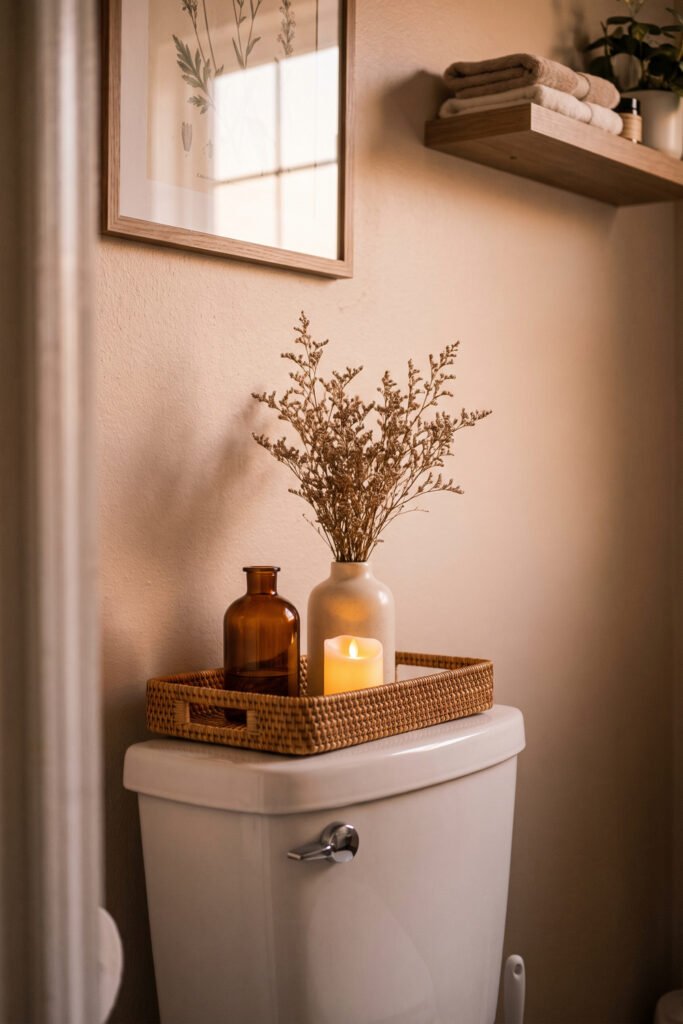Wicker tray on a white toilet tank holds an amber bottle, cream vase with dried stems, and a glowing candle.