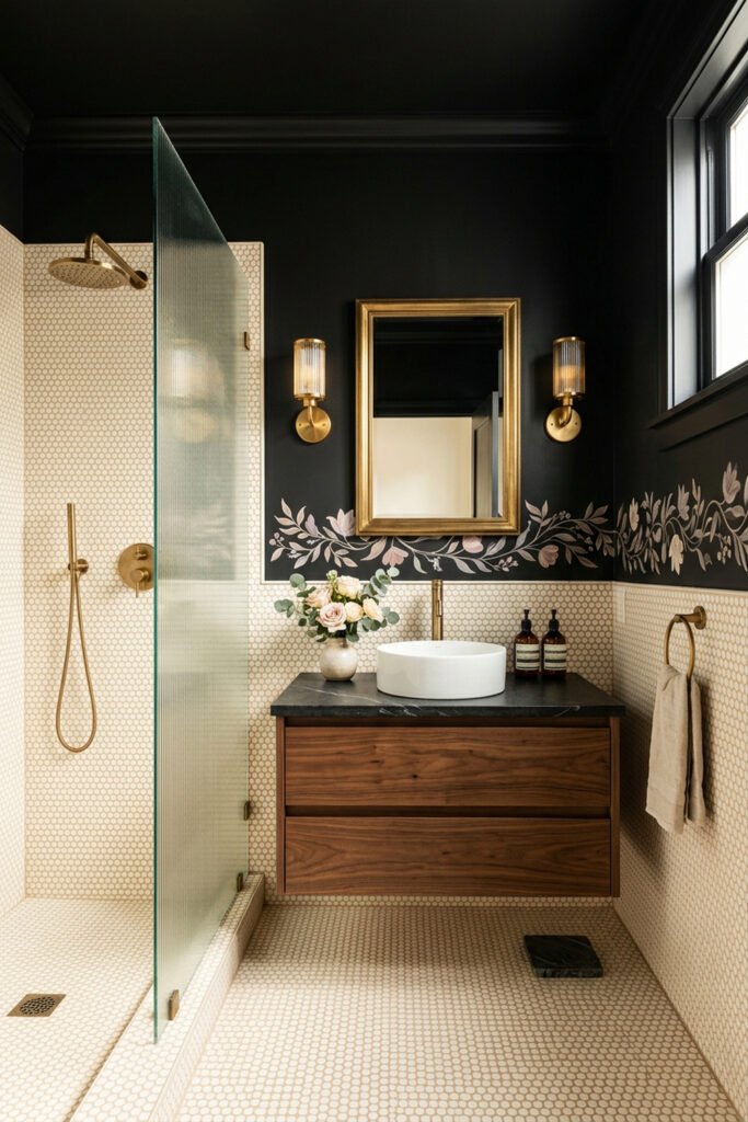 22 Black Nouveau Decor Ideas That Feel Dark, Rich, and Artful 17 Compact bathroom with black upper walls, cream penny tile, floral border, walnut vanity, gold mirror, and glass shower.