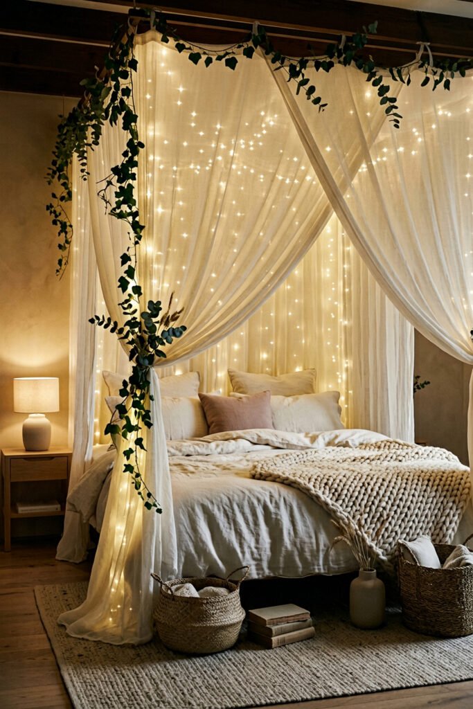 16 Cozy Bedroom Ideas for Couples to Create a Warm Shared Retreat 17 Cream canopy bed wrapped in warm fairy lights and greenery, with layered neutral bedding, chunky knit throw, woven baskets, books, and rug.