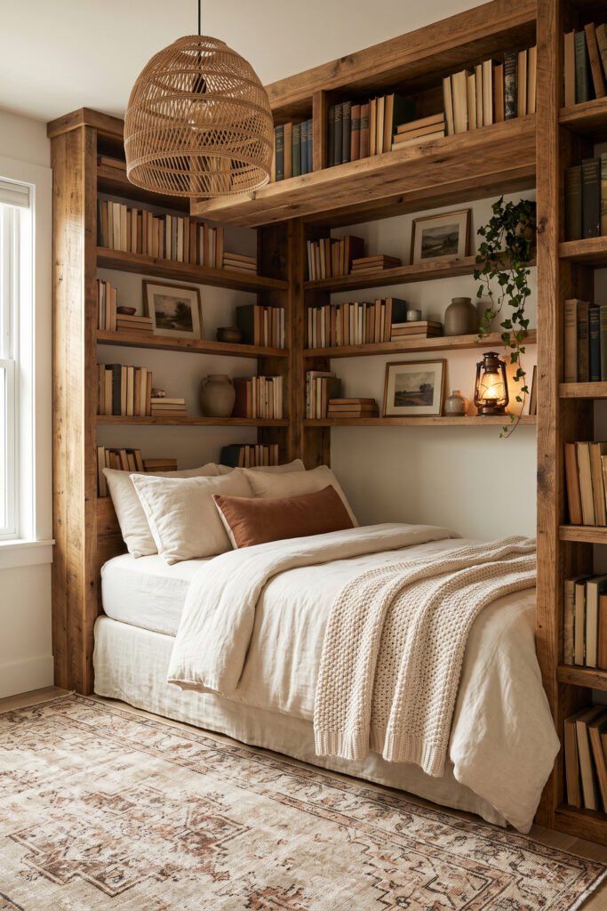 Cream bed deeply framed by tall wood bookshelves filled with books, pottery, framed landscapes, plant, lantern, and rattan pendant