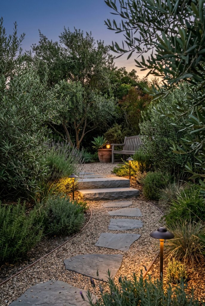 Low path lights illuminate irregular stepping stones and two stone steps through a gravel garden lined with lavender, shrubs, and olive trees at dusk.