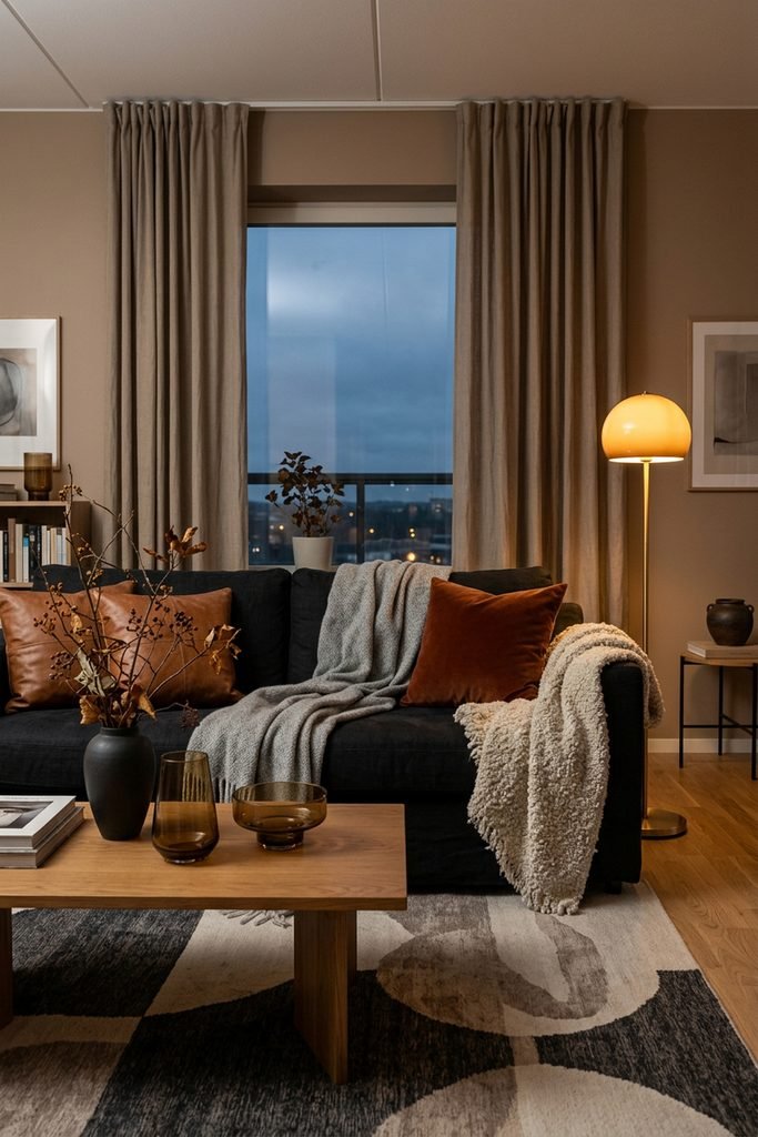 Modern living room with a dark sofa, rust pillows, soft throws, and warm amber lighting.