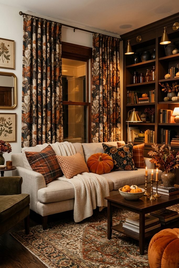 Cozy living room with floral drapes, layered fall pillows, candles, and pumpkin accents.