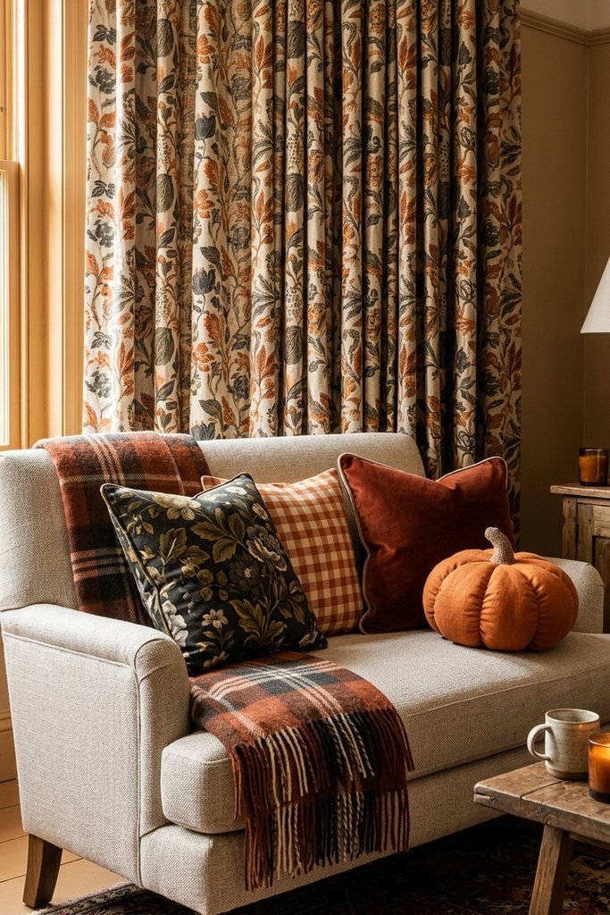 Close-up of a cozy seat with a plaid throw, patterned pillows, and a small velvet pumpkin.