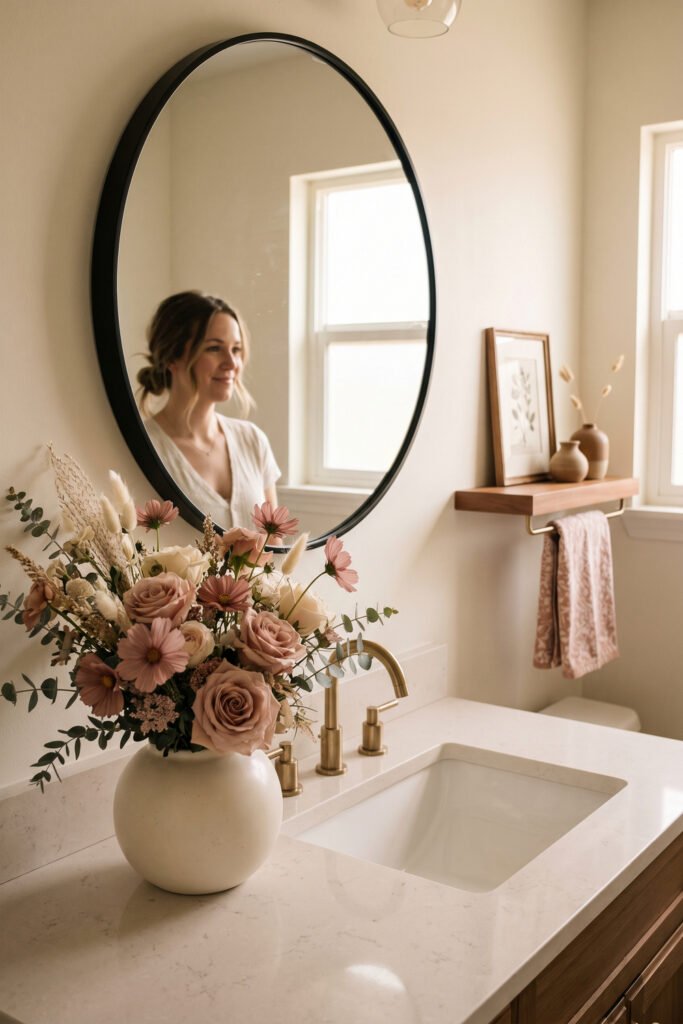 Blush and cream flowers in a white vase sit beneath a black oval mirror, with a person reflected beside the vanity.