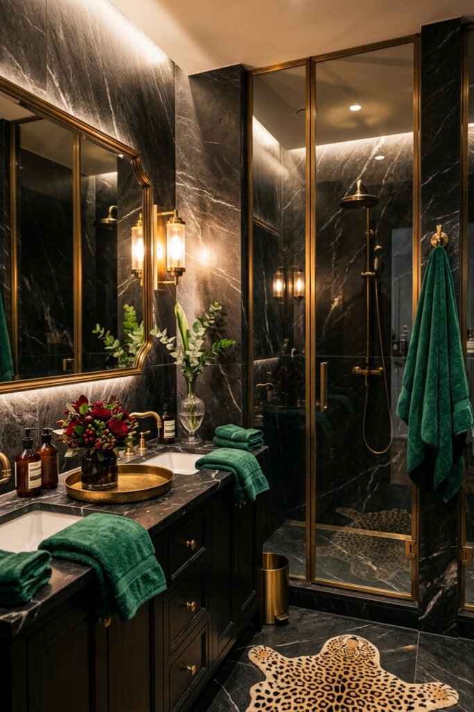 22 Black Nouveau Decor Ideas That Feel Dark, Rich, and Artful 18 Black marble bathroom with brass-framed shower, emerald towels, burgundy flowers, leopard rug, and warm mirror lighting.