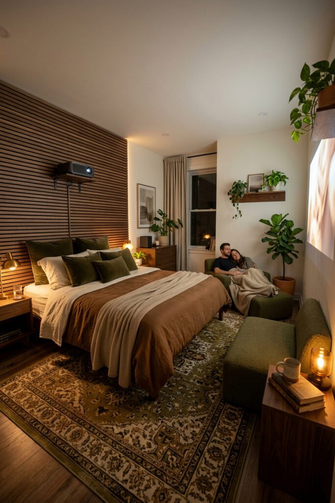 16 Cozy Bedroom Ideas for Couples to Create a Warm Shared Retreat 18 Amber-lit bedroom with wood slat wall, projector, olive and brown bedding, patterned rug, plants, and two people seated together for movie night.