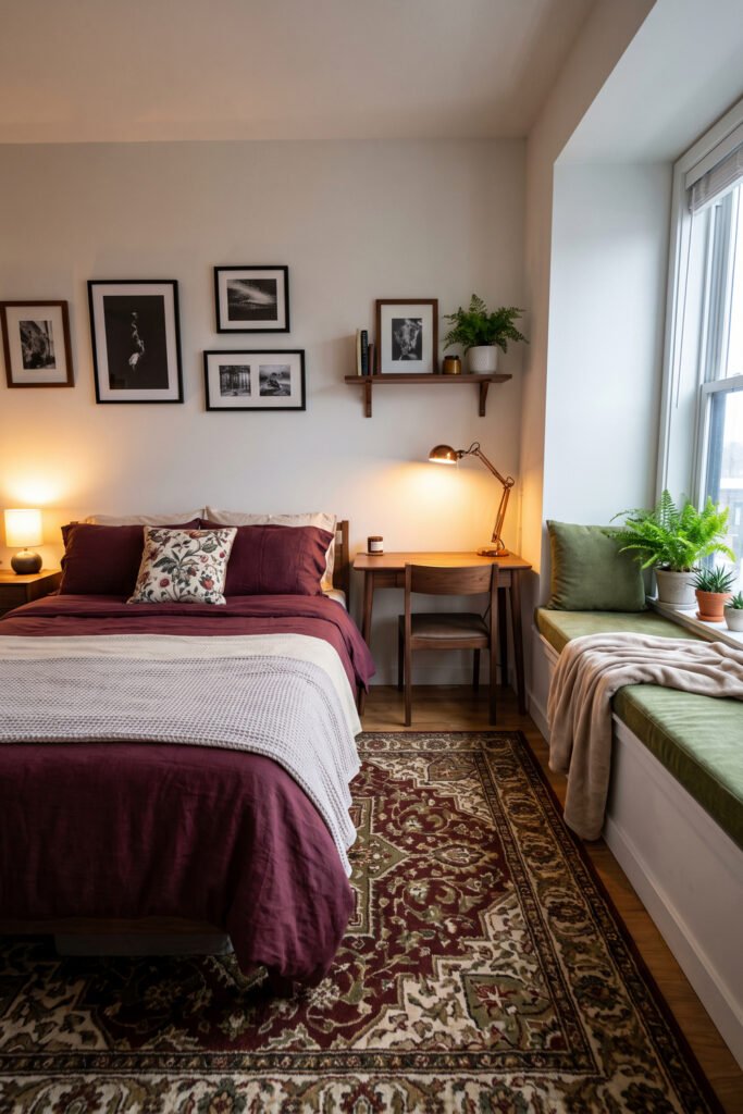 Burgundy bed, slim wood desk, green window bench, plants, black-framed art, warm lamps, and burgundy patterned rug