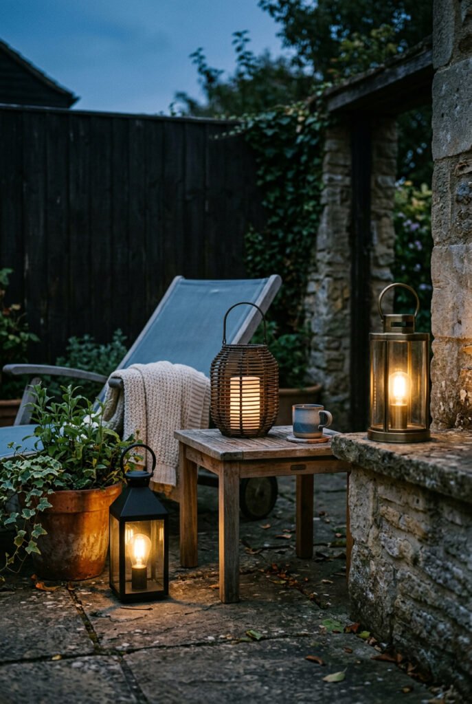 Three lanterns at different heights illuminate a stone patio beside a reclining chair, small wood table, potted greenery, and a coffee mug.