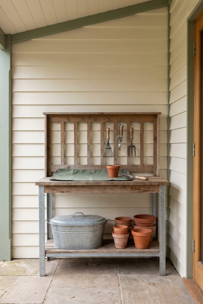 Narrow weathered wood potting bench with hanging hand tools, a work mat, lidded galvanized tub, and stacked terracotta pots.