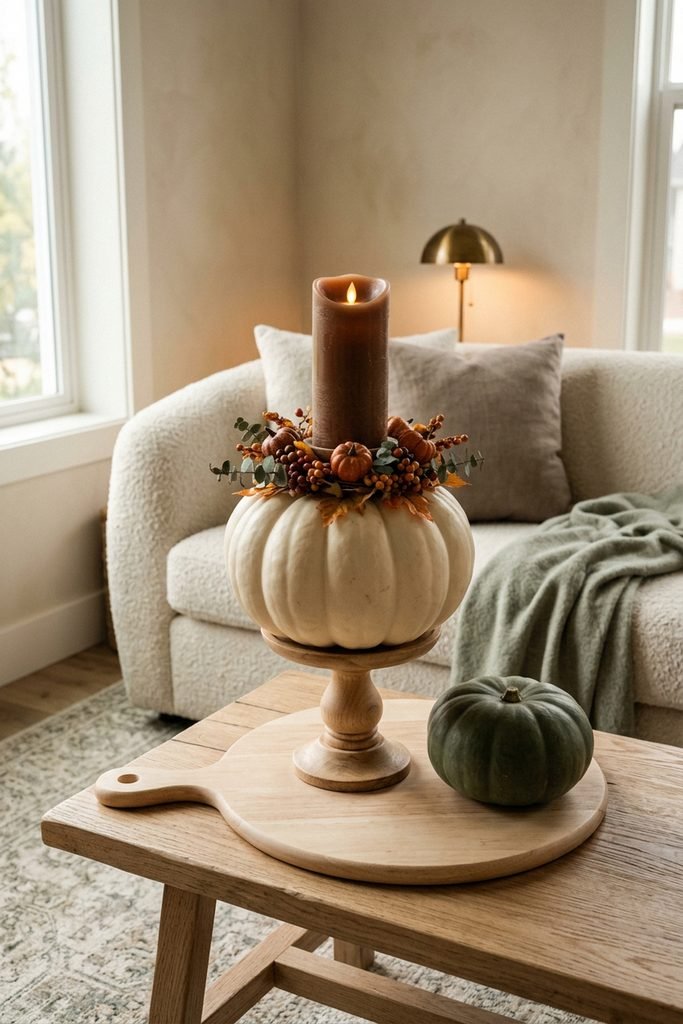 White pumpkin candle tower on a wood pedestal with a brown pillar candle, berry-and-leaf collar, and dark green pumpkin.