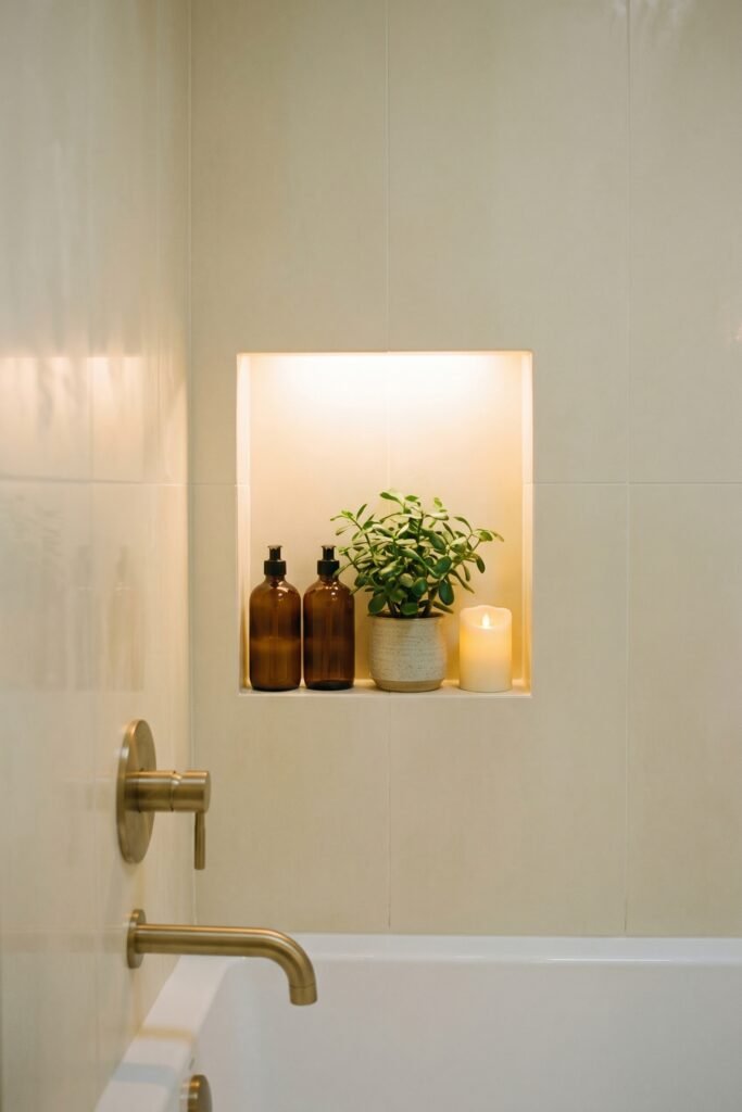 Illuminated tub niche holds two amber bottles, a potted green plant, and a candle above brushed brass fixtures.