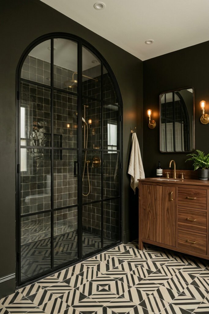 22 Black Nouveau Decor Ideas That Feel Dark, Rich, and Artful 19 Olive-black bathroom with arched grid shower, walnut vanity, brass fixtures, and bold black-and-cream geometric floor tile.