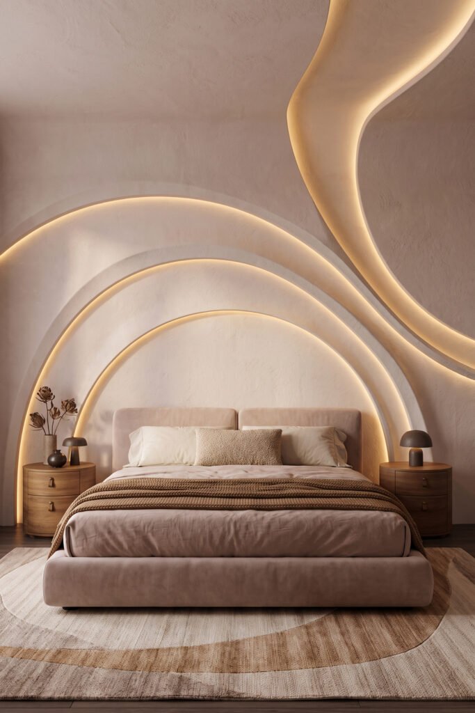 Beige upholstered bed beneath large sculpted plaster arcs with integrated warm lighting, round wood nightstands, lamps, and neutral rug