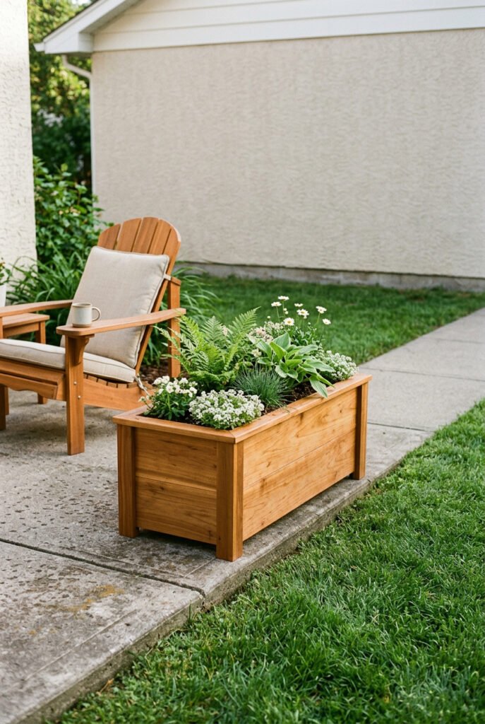 Rectangular wood planter box filled with ferns, broad-leaf plants, white flowers, and grasses sits beside cushioned wood chairs on a concrete patio.