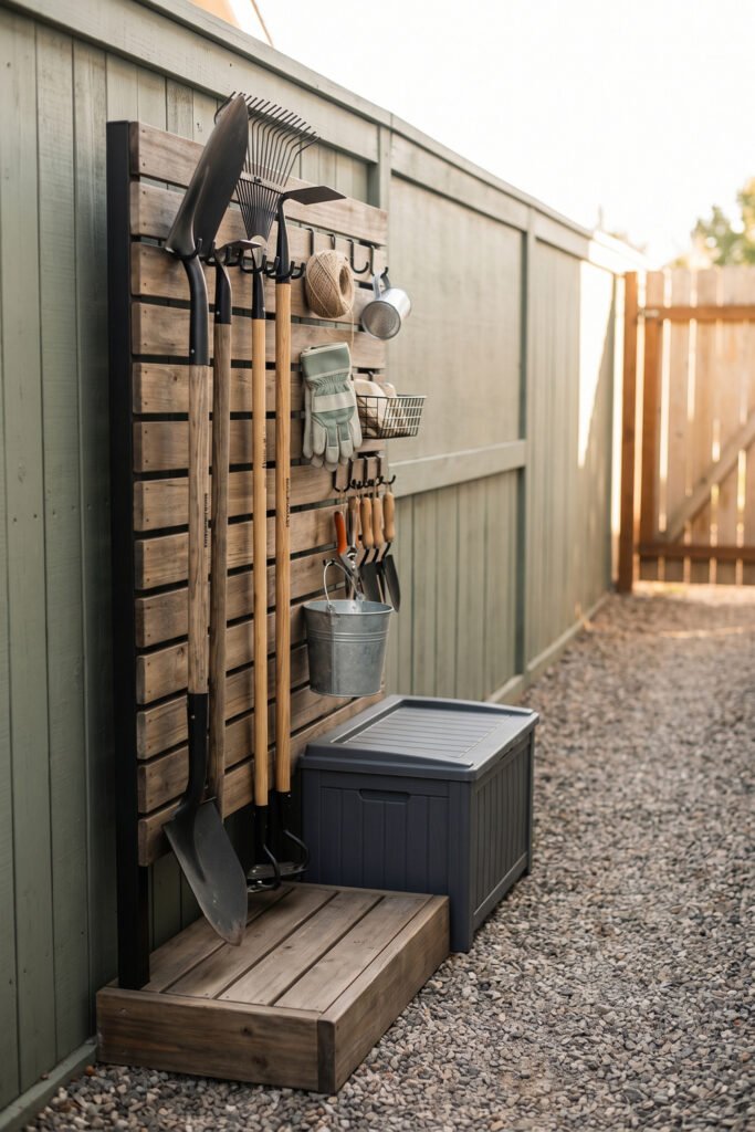 Slatted wood garden organizer holding long-handled tools, gloves, twine, hand tools, and a dark lidded storage bin.