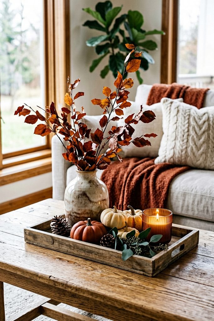 Wooden coffee table tray with a vase of brown leaves, mini pumpkins, pinecones, and a lit candle.