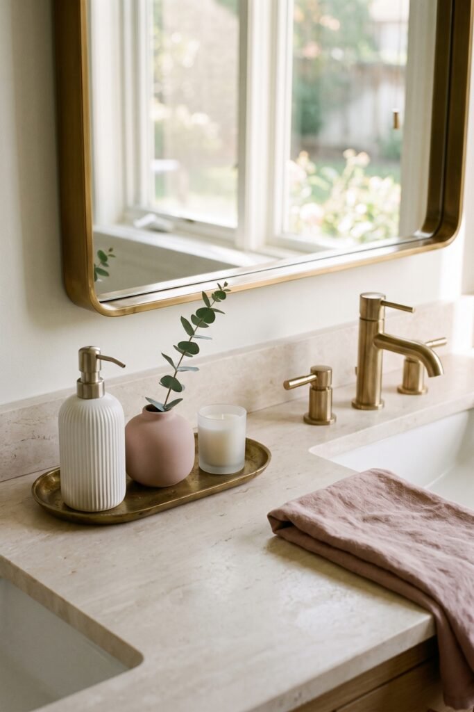 Brass vanity tray holds a white soap dispenser, blush vase with eucalyptus, and candle beside a folded pink hand towel.