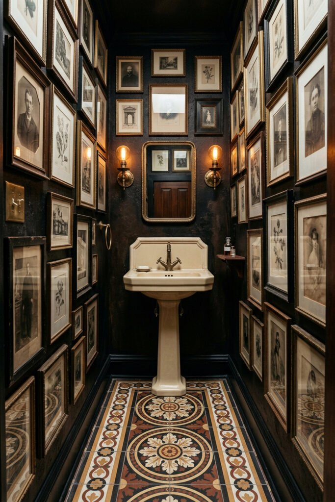 22 Black Nouveau Decor Ideas That Feel Dark, Rich, and Artful 20 Narrow dark powder room with cream pedestal sink, dense framed gallery walls, ornate patterned floor, and warm sconces.