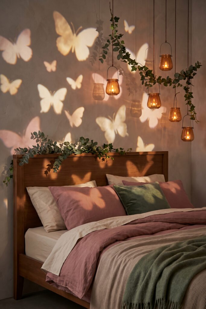 Dusty rose bed beneath butterfly light projections and multiple amber hanging lanterns, with trailing greenery and green accent pillow
