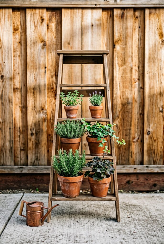 Leaning wooden ladder displays six terracotta pots of herbs and trailing greenery against a wood fence, with a copper watering can below.