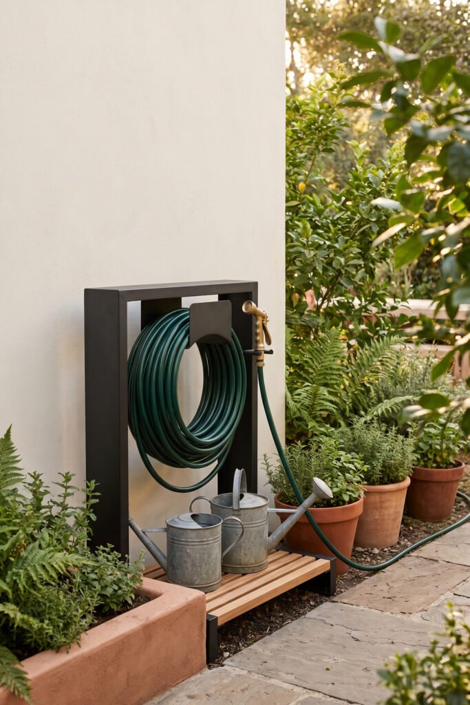 Black hose reel station with a coiled green hose, brass nozzle, two galvanized watering cans, and nearby herb pots.