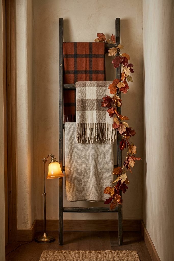 Blanket ladder with neutral and plaid throws, fall leaf garland, and a small floor lamp.