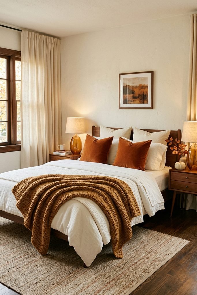 Warm bedroom with rust accent pillows, a chunky knit throw, amber lamps, and small pumpkin decor.