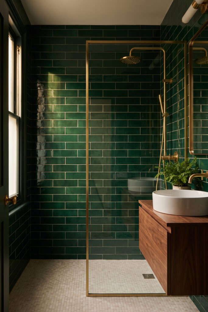 Emerald subway tile surrounds a brass-framed glass shower beside a walnut vanity, white vessel sink, and potted fern.