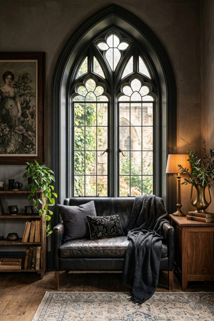 22 Black Nouveau Decor Ideas That Feel Dark, Rich, and Artful 21 Reading nook with Gothic arched window, black leather bench, charcoal throw, wood bookshelves, greenery, and warm lamp.
