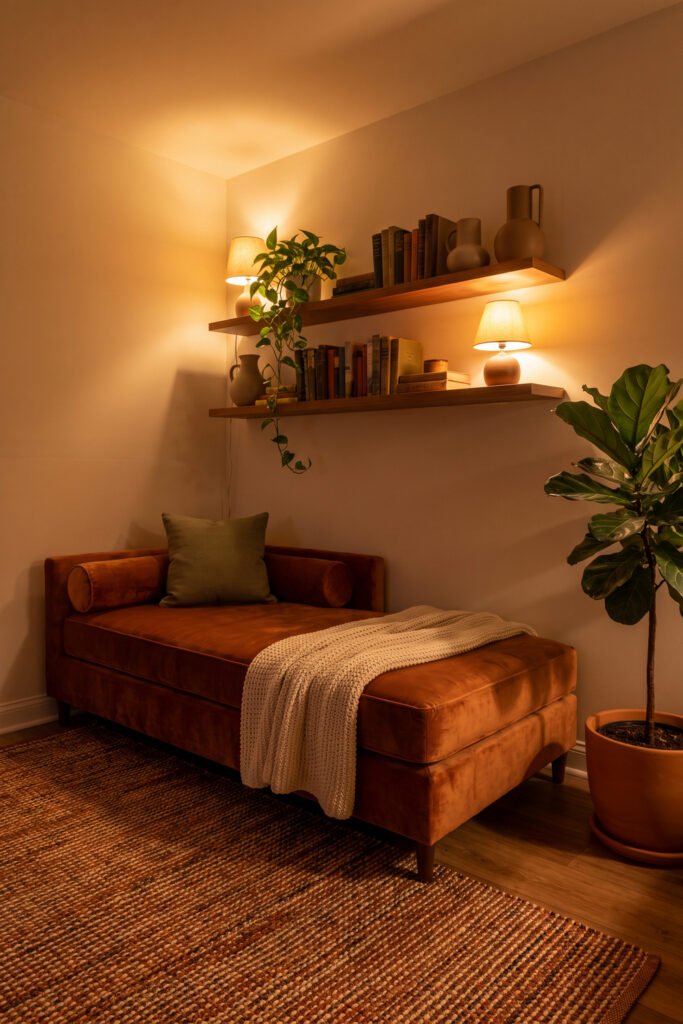 Terracotta upholstered daybed with cream knit, olive cushion, floating shelves, books, ceramics, plants, warm lamps, and woven rug