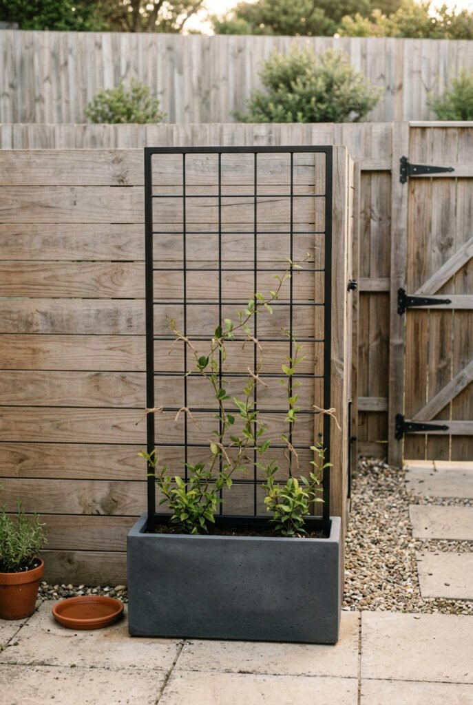 Rectangular charcoal planter fitted with a black metal grid trellis supports young climbing vines beside a horizontal wood privacy screen.