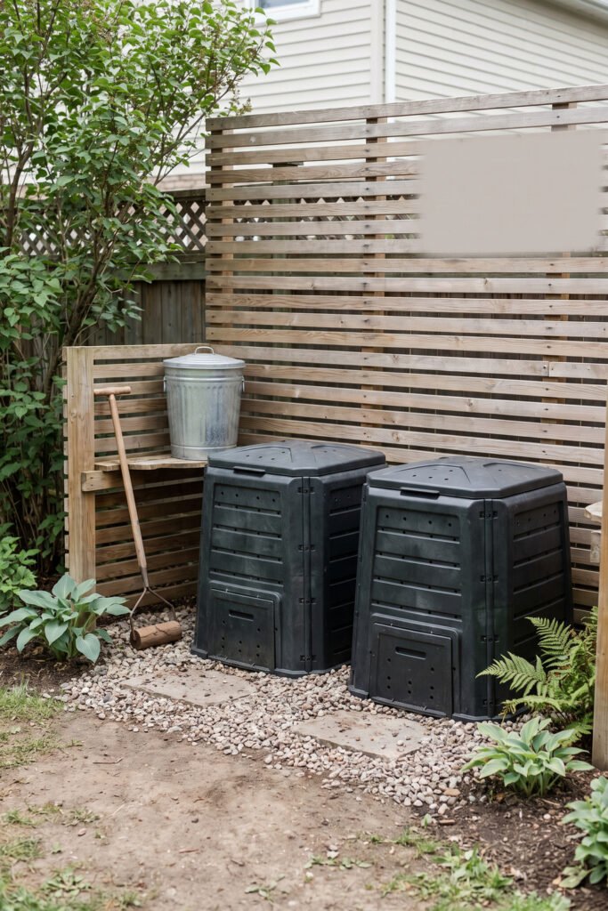 Two black ventilated compost bins arranged behind slatted wood screens with gravel, a metal pail, and a compost aerator.