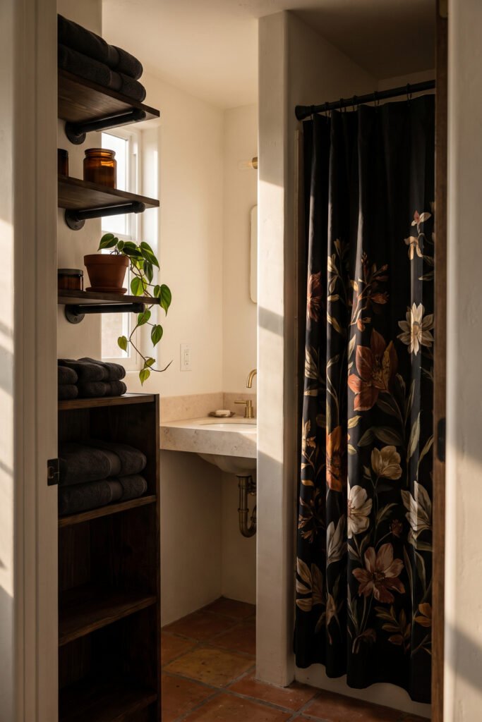 Moody bathroom with a black floral shower curtain, dark wood pipe shelves, charcoal towels, amber jars, and trailing greenery.