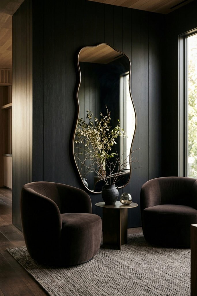 22 Black Nouveau Decor Ideas That Feel Dark, Rich, and Artful 4 Two rounded dark chairs face a tall wavy mirror on black paneled walls, with branches and a gray rug.