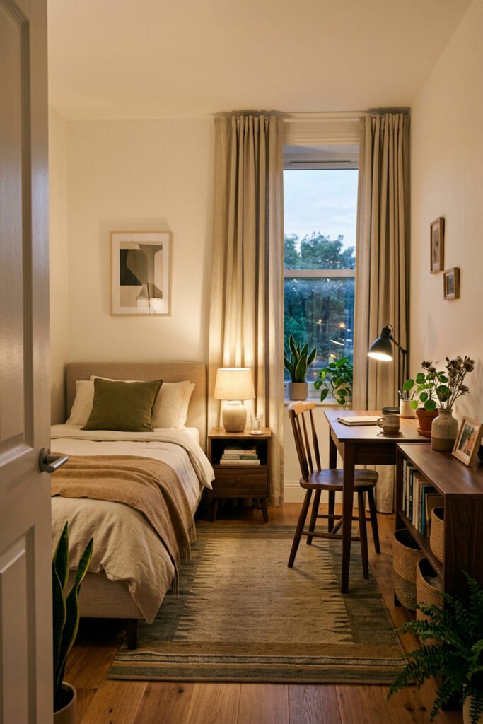16 Cozy Bedroom Ideas for Couples to Create a Warm Shared Retreat 4 Compact bedroom with a narrow upholstered bed, warm wood desk and storage shelving, woven baskets, plants, and layered task lighting.