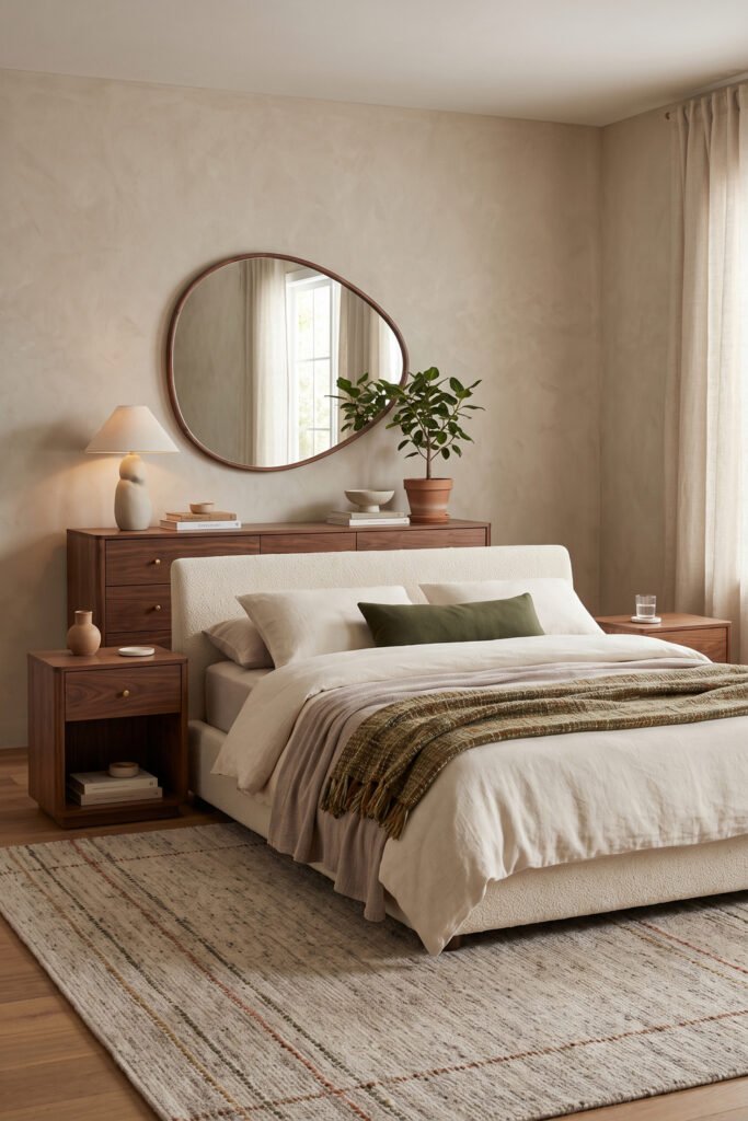 Cream upholstered bed, walnut furniture, curved mirror, olive pillow, muted throw, plant, and pale patterned rug