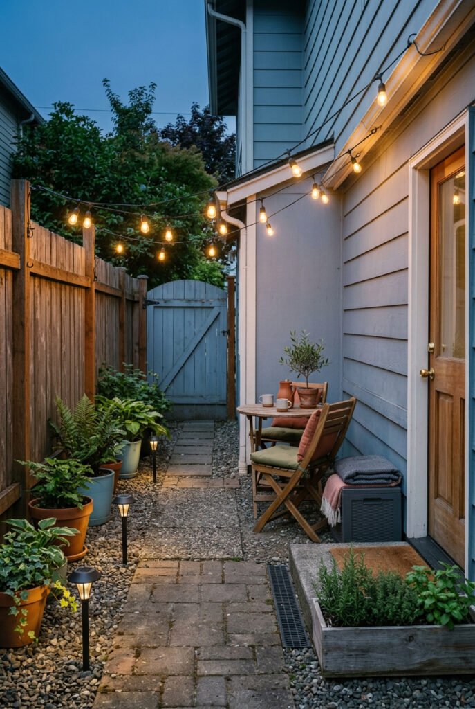 Narrow side-yard patio at dusk with string and path lights, a bistro table, folding chairs, planters, a storage box, and a brick walkway.