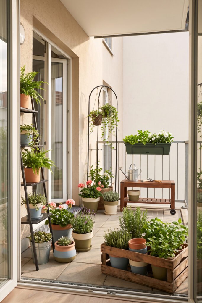 Small apartment balcony garden with a ladder plant stand, railing planter, hanging basket frame, herb crate, and clustered pots.