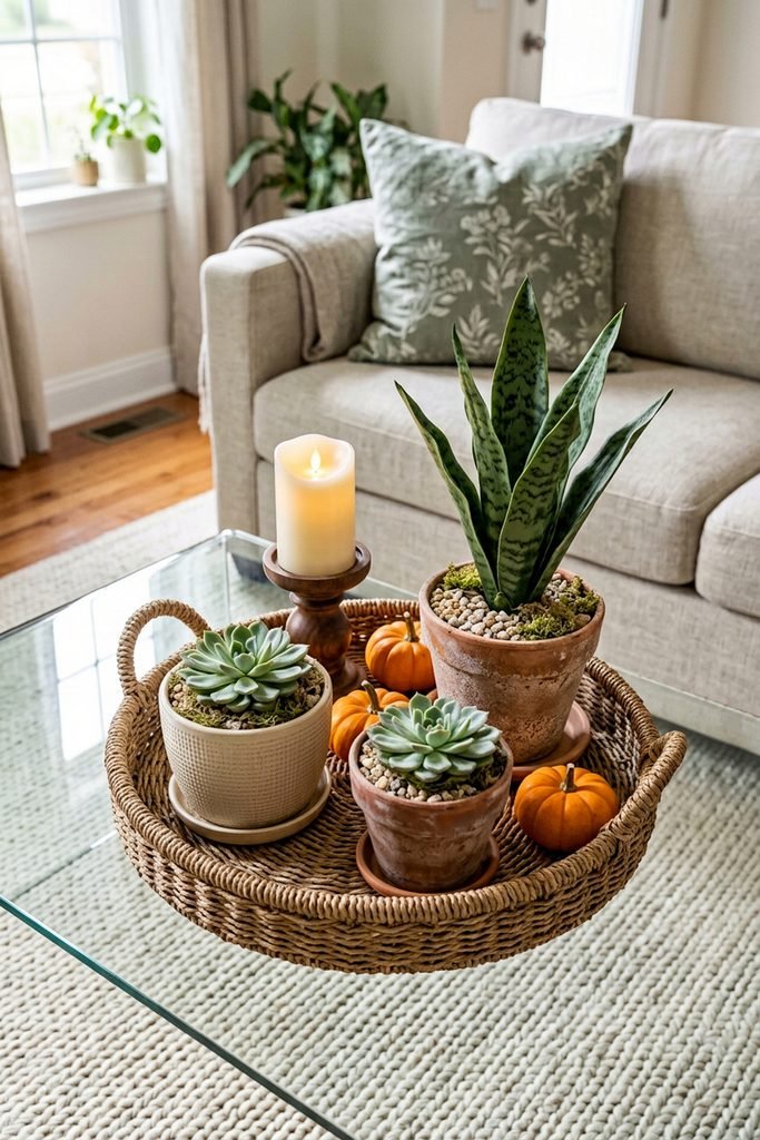 Woven tray on a glass coffee table with a snake plant, two succulents, mini orange pumpkins, and a raised pillar candle.