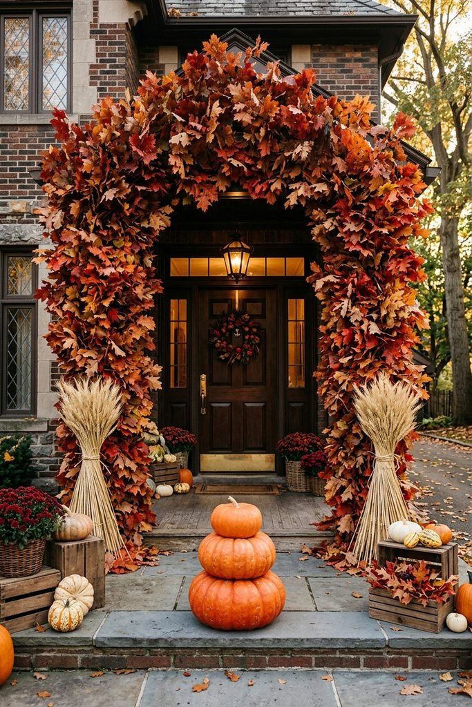 Front entry framed by a large arch of autumn leaves with pumpkins and straw bundles.