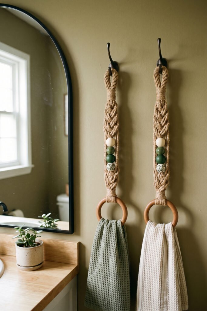 Two macramé towel hangers with green and cream beads end in wooden rings holding sage and ivory waffle towels.