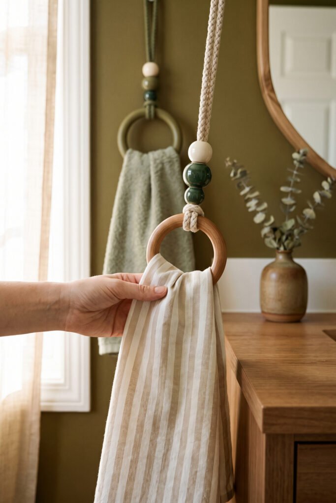 Hand threads a striped towel through a wooden ring suspended from braided cord and green-and-cream beads beside a vanity.