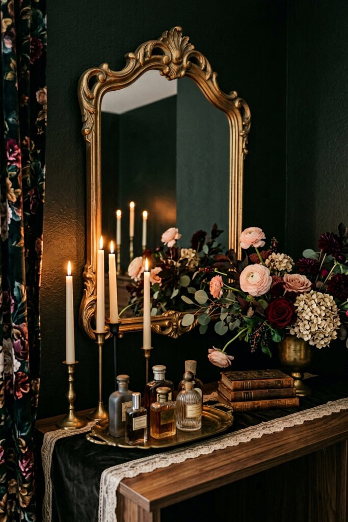 22 Black Nouveau Decor Ideas That Feel Dark, Rich, and Artful 22 Dark green vanity with ornate gold mirror, lit taper candles, perfume bottles, stacked books, and blush and burgundy flowers.