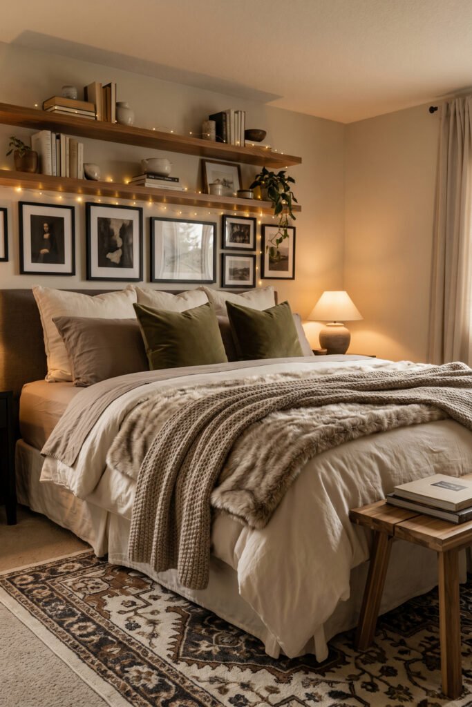 Cream bed with olive pillows, faux-fur and knit layers, gallery wall, floating shelves, books, plants, fairy lights, and patterned rug