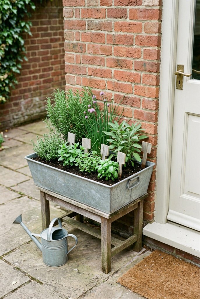 Galvanized metal trough planted with assorted herbs and wooden markers rests on a small stand beside a watering can and back door.