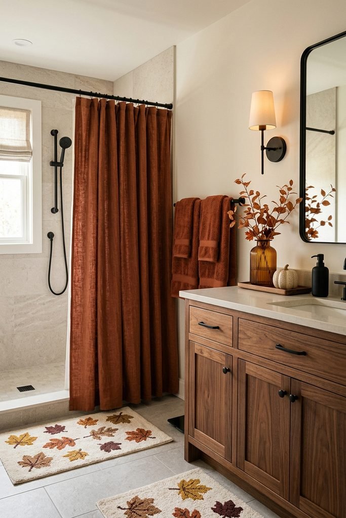 Bathroom with a rust shower curtain, matching towels, and leaf-pattern bath rugs.