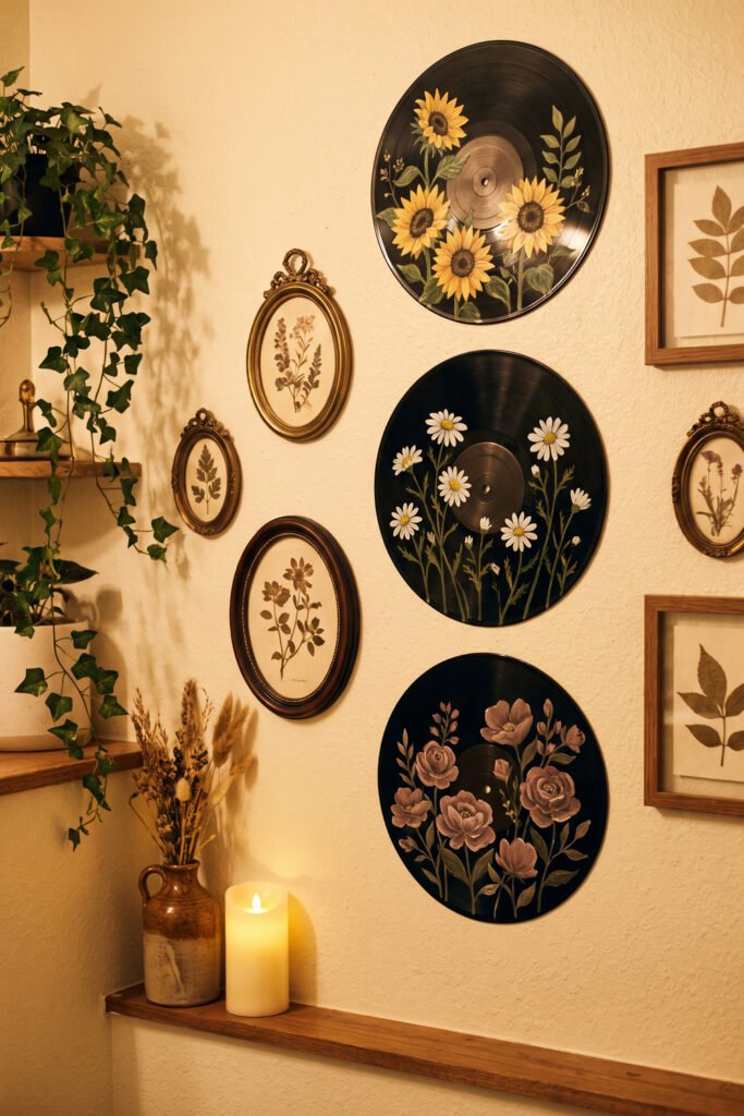 Three floral-painted vinyl records form a bathroom gallery wall with framed botanicals, trailing ivy, dried flowers, and candlelight.